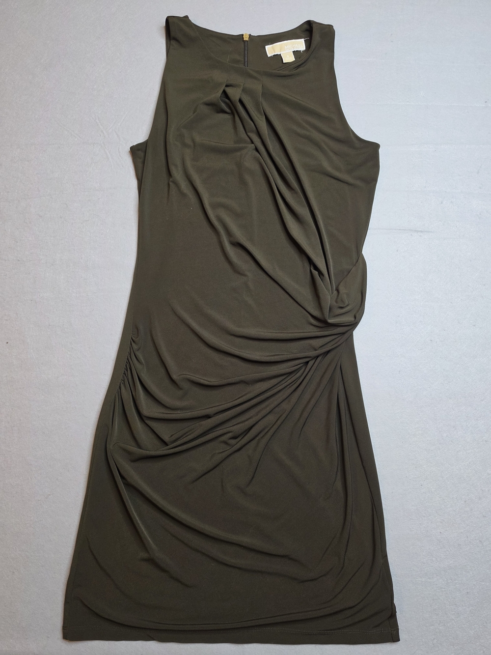 Michael Kors Olive Green Ruched Sleeveless Bodycon‎ Midi Dress - Size Small - Picture 2 of 7
